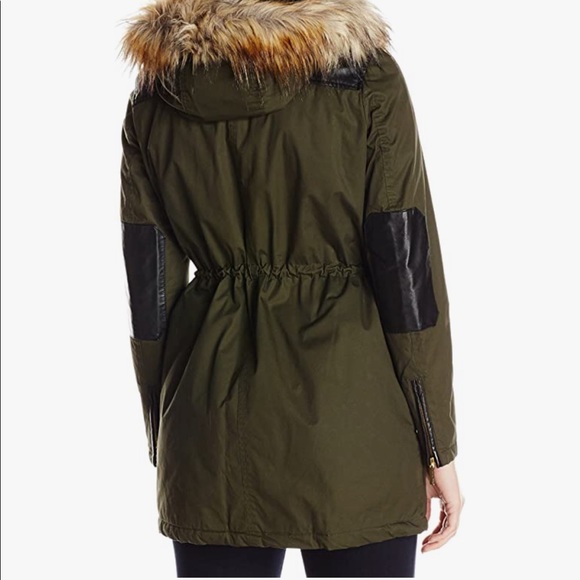 French connection szS pine green anorak w faux faux fur/leather trim - Picture 3 of 14